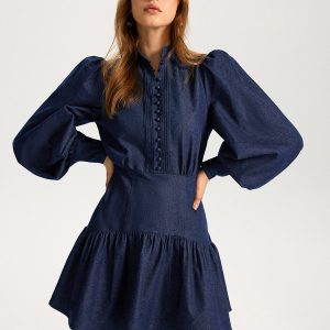 Denim Stand Collar Puff Sleeve Mini Dress