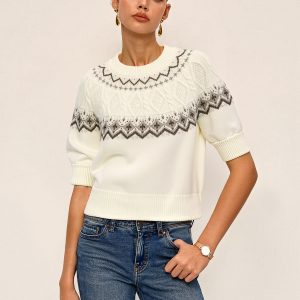Fair Isle Pattern Short Sleeve Knit Top