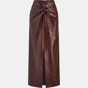 Knot Detail Slit Faux Leather Midi Skirt