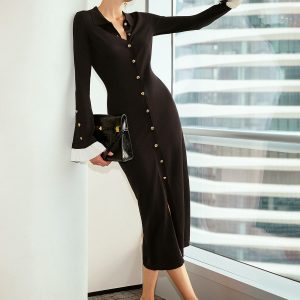 Contrast Flared Cuff Metal Button Shirt Dress