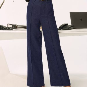 Mid-Waist Tweed Straight-Leg Pants without Belt
