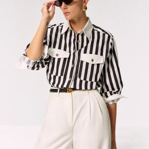 Cotton Blend Striped Metal Button Shirt