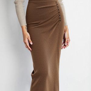 Ruched Side Button Wool Blend Sweater Skirt