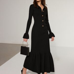 Mermaid Hem Collared Knit Maxi Dress