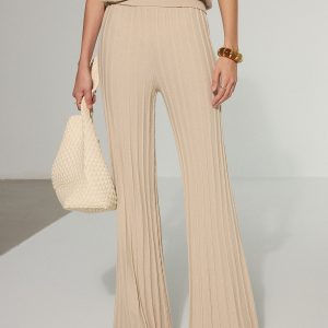 Textured Wool Blend Mid-Waist Flared Pants