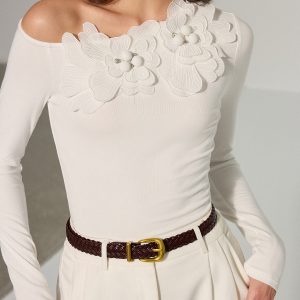 Off-Shoulder 3D Floral Embellished T-Shirt