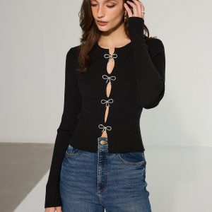 Bow Cut-Out Ribbed Knit Top