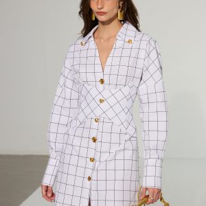 Metal Button Checked Cotton Shirt Dress