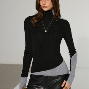 Two-Tone Turtleneck Wool Blend Sweater