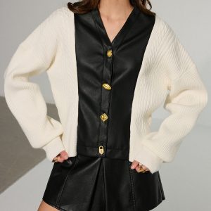 Leather Patchwork Button Down Cardigan