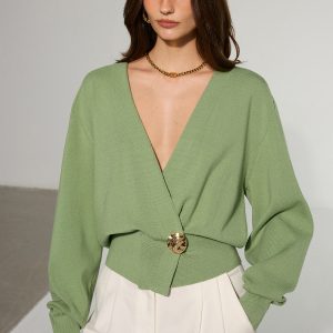 Metal Decor Waisted Knitted Wrap Cardigan