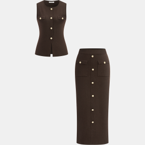 Wool Blend Metal Button Vest and Skirt Set