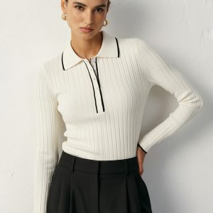 Contrast Trim Wool Blend Polo Neck Sweater