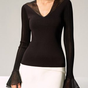 Sheer Paneled Bell Sleeve Knit Top