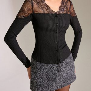 Lace Panel Ribbed Knit T-Shirt