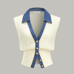 Denim Trim Metal Button Knit Vest