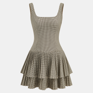 Square Neck Pleated Gingham Tiered Dress