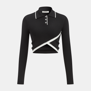 Asymmetric Contrast Trim Wool Blend Cropped Polo Top