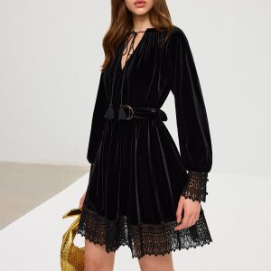 Velvet Belted Lace Trim Mini Dress