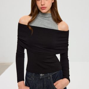 2 in 1 Contrast Panel Mock Neck Long Sleeve T-Shirt