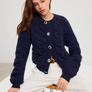 Cable Knit Rhinestone Button Cardigan