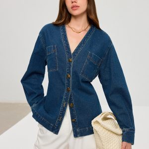 Denim V-Neck Button-Front Jacket