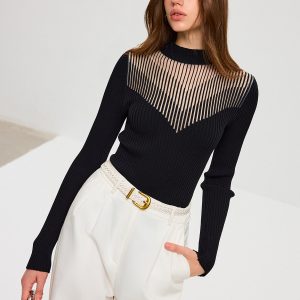 Striped Mesh Panel Ribbed Knit Top