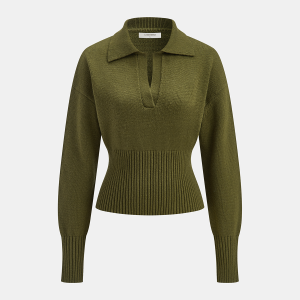Ribbed Wool Blend Polo Knit Top