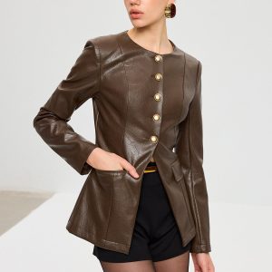 Metal Button Fitted PU Leather Jacket