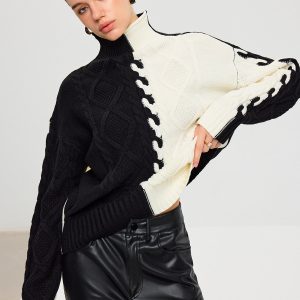 Color-Block Cable Knit Turtleneck Sweater