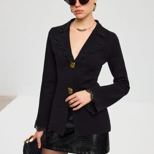 Wool Blend Lace Trim Metal Button Cardigan