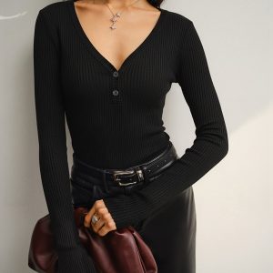 Button Placket Ribbed Knit Fitted V-Neck Top