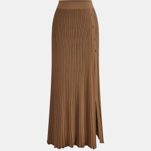 Ribbed Side Slit Button Detail Midi Skirt