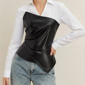 Asymmetric PU Leather Panel Blouse