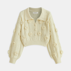 3D Floral Collared Cable Knit Top