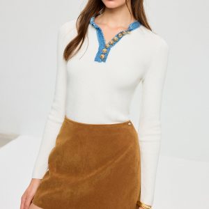 Wool Blend Denim Trim Metal Detail Knit Top