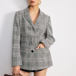Plaid Cotton Blend Blazer with Wide Belt