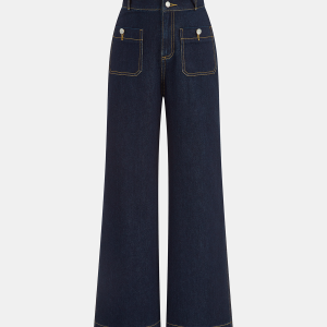 High-Waisted Double-Button Straight-Leg Denim Pants