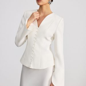 Button Front Flared Cuff Fitted Blazer