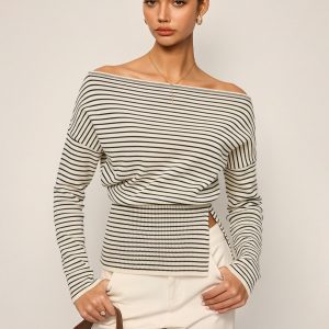 Slit Hem Off-Shoulder Striped Sweater