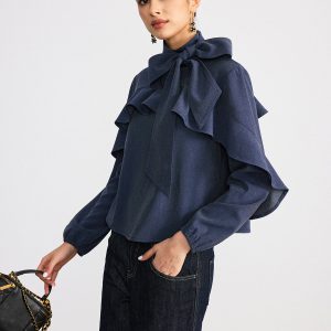 Tie Neck Ruffled Detail Faux Denim Shirt