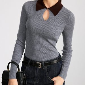 Contrast Collar Wool Blend Ribbed Knit Top