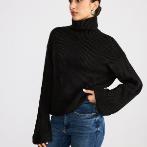 Turtleneck Waffle-Knit Long Sleeve Sweater