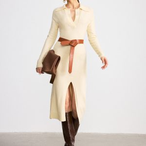 Collared Split-Hem Belted Knit Midi Dress