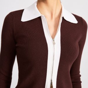 Contrast Collar Wool Blend Zip-Up Cardigan