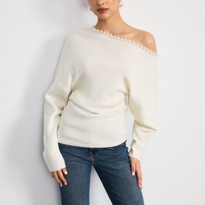 Off-Shoulder Pearl Embellished Wool Blend Sweater
