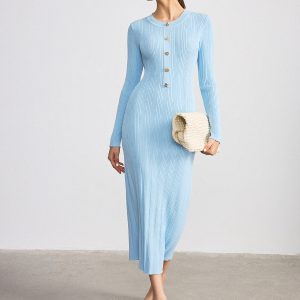 Metal Detail Ribbed Knit Maxi Dress