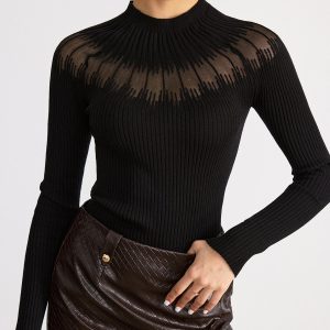 Sheer Panel Mock Neck Sweater
