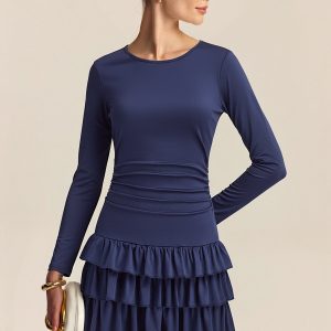 Long Sleeve Ruched Waist Layered Ruffle Dress