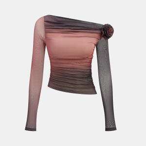 3D Rose Detail Ombre Mesh Off-Shoulder T-Shirt
